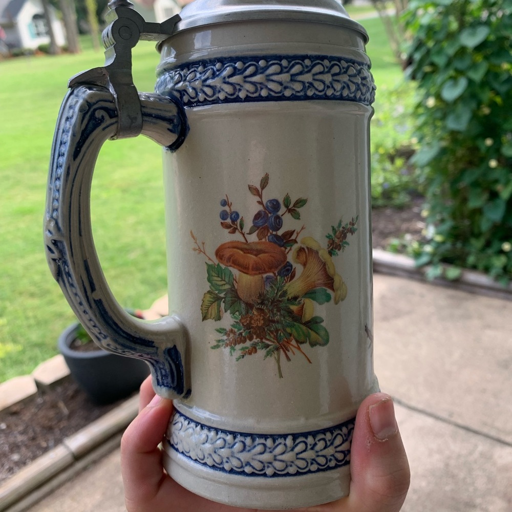 Western Germany Beer Stein with deer/mushrooms/pine cones.